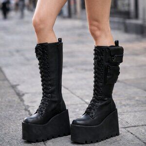 Current Mood Platform Knee High Boots Goth Grunge Chunky Wedge Lace Up Black 6